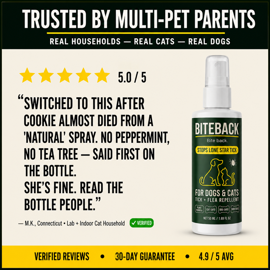 Trusted by multi-pet parents — real households, real cats, real dogs. 5/5 verified review: 'Switched to this after Cookie almost died from a natural spray. No peppermint, no tea tree.' 4.9/5 average, 30-day guarantee.