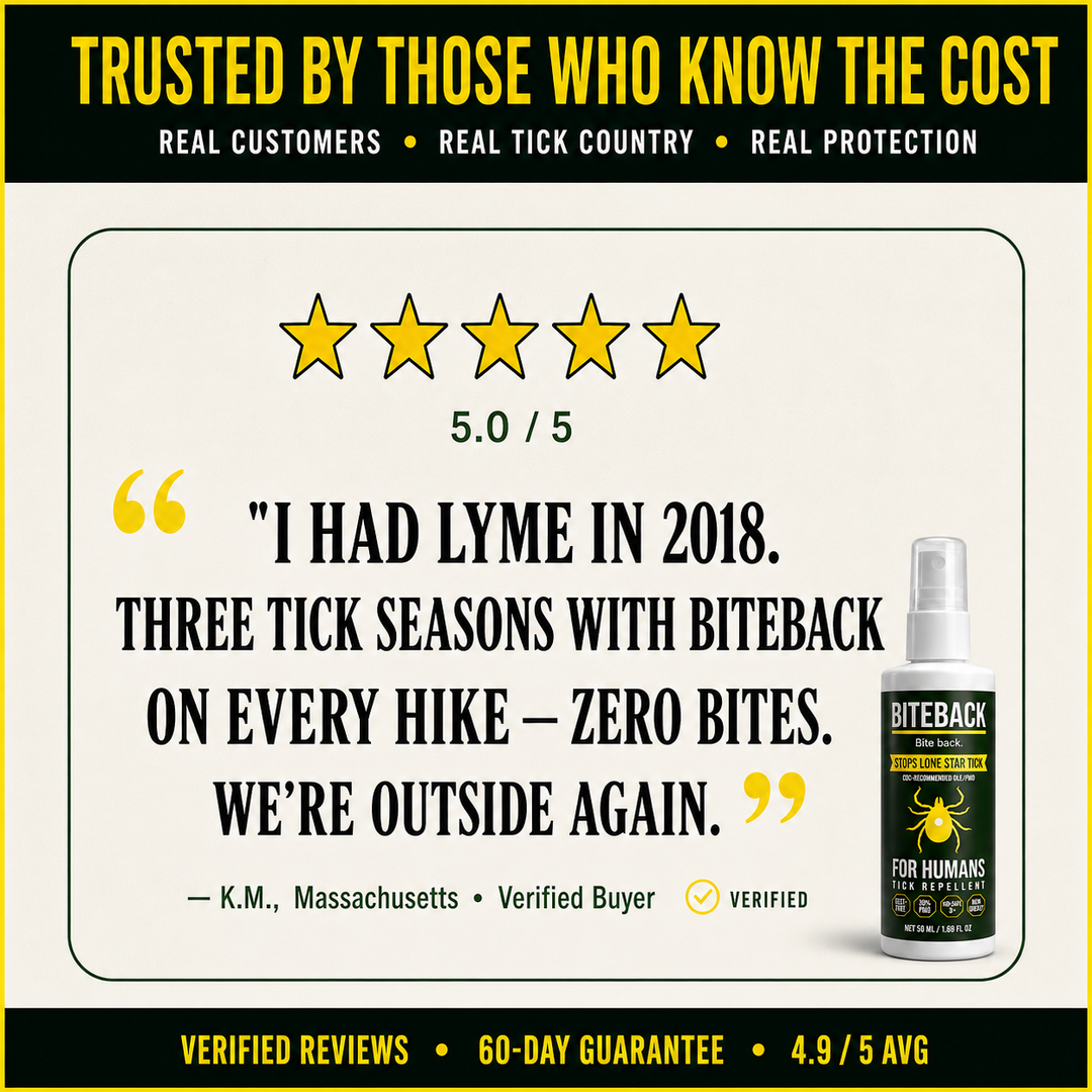 Five-star testimonial from a Lyme survivor — three years on BITEBACK, no bites, family hikes every weekend