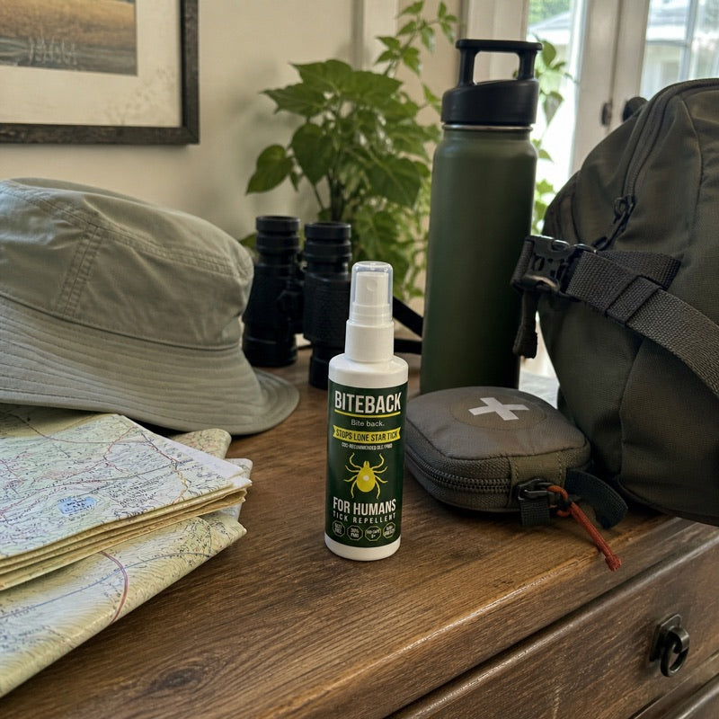 Bottle on an entryway console with hiking prep gear