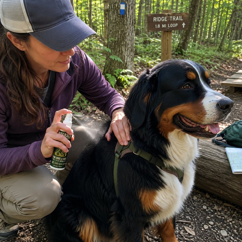 Owner spraying a Bernese Mountain Dog at a woodland trailhead