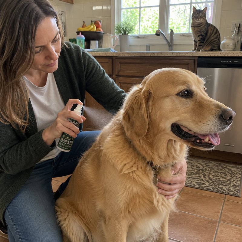 Pet parent applying spray to a Golden Retriever in the kitchen — tabby cat watching calmly from the counter