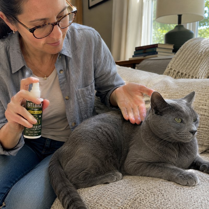 Cat-safe application — owner wiping spray onto a relaxed Russian Blue cat from her own palm