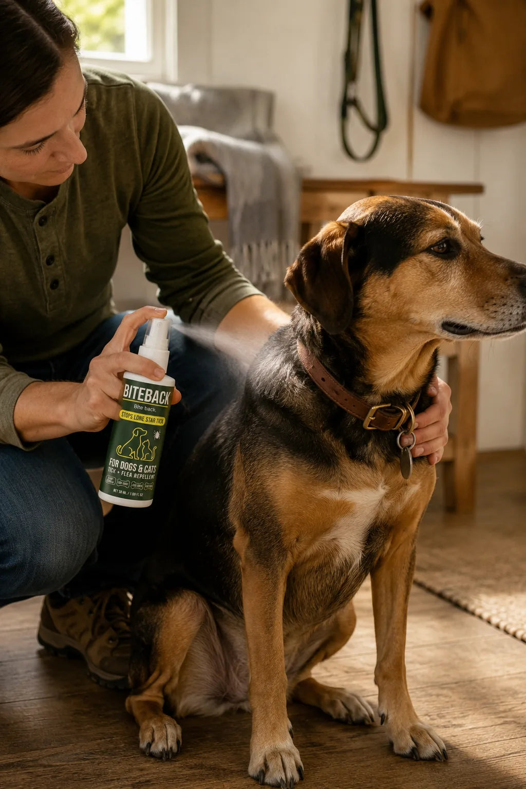 Pet parent spraying BITEBACK Pet from 6 inches onto a mixed-breed dog's coat in a sunlit mudroom