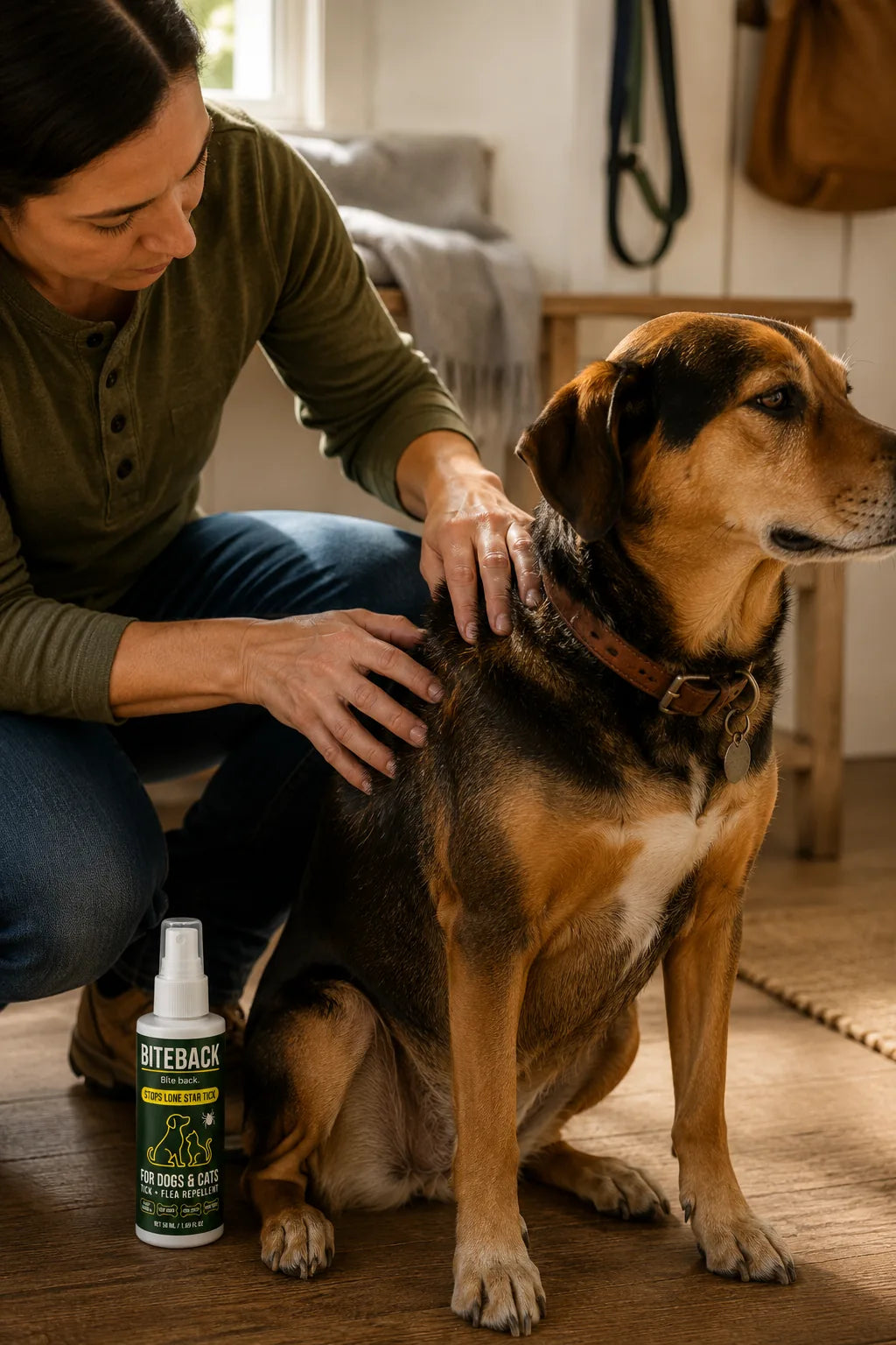 Owner massaging BITEBACK Pet through a dog's coat with both hands