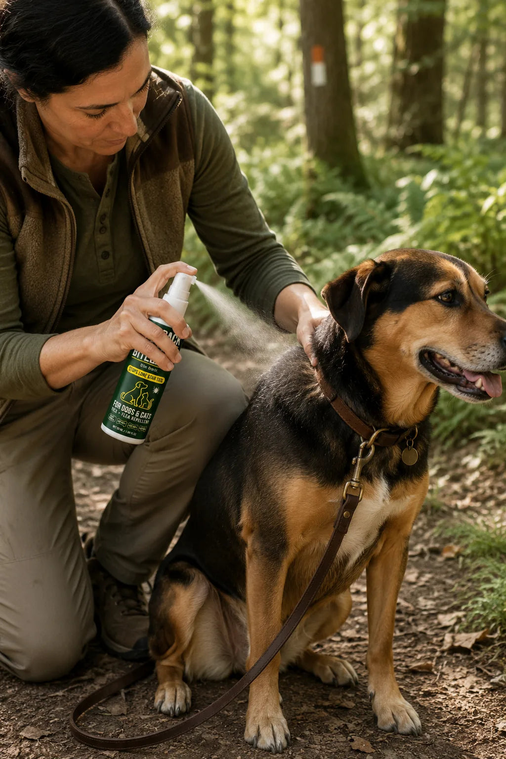 Owner reapplying BITEBACK Pet to a dog mid-trail in a woodland setting