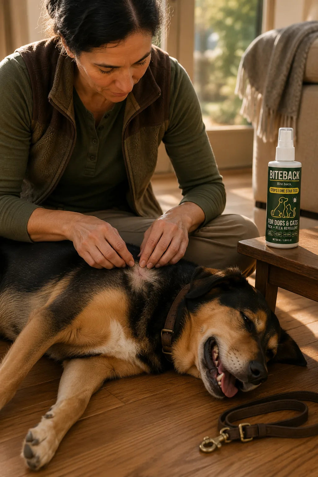 End-of-day tick check on a relaxed dog at home, with the BITEBACK Pet bottle on a side table