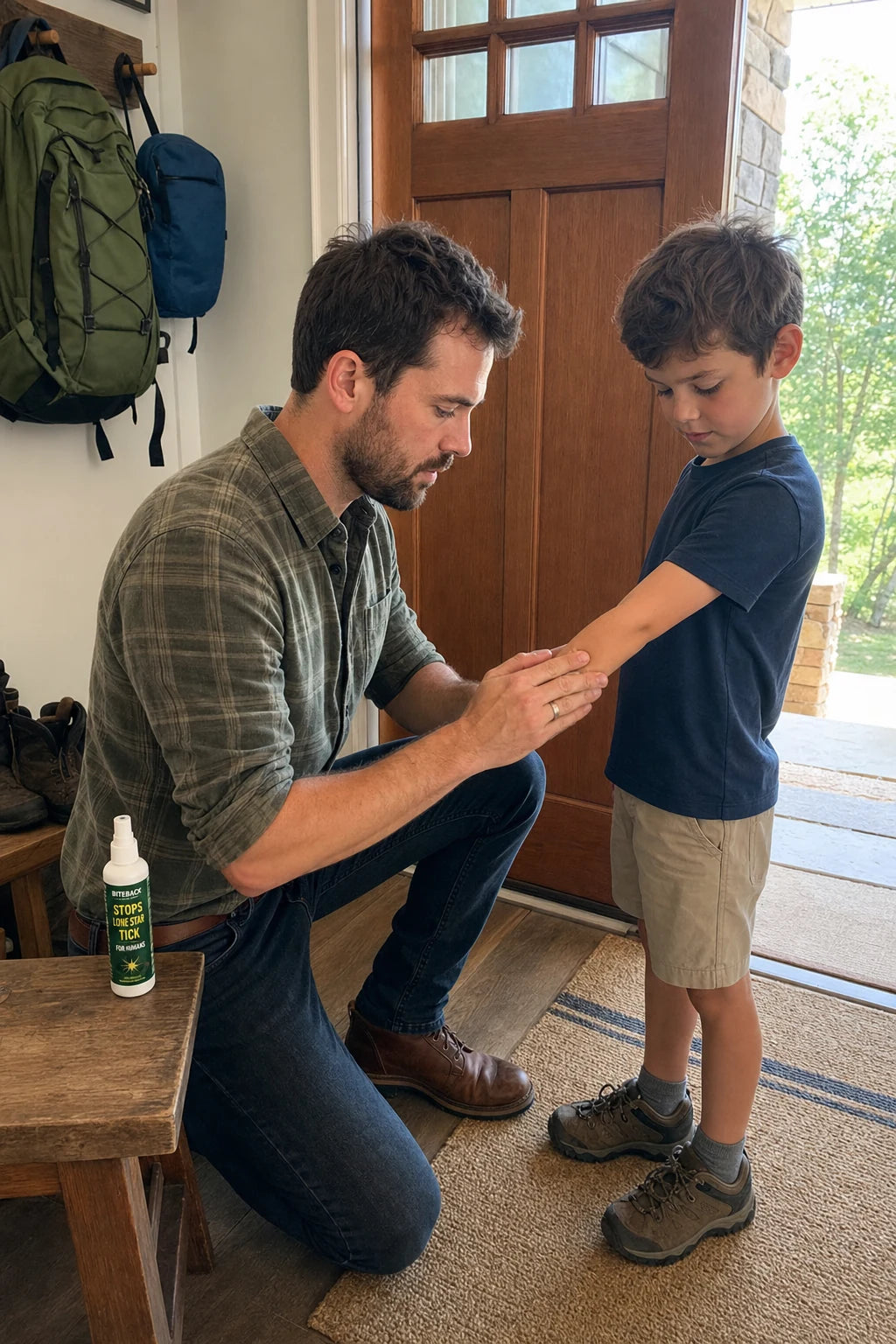 Parent rubbing BITEBACK onto their child's forearm before a hike