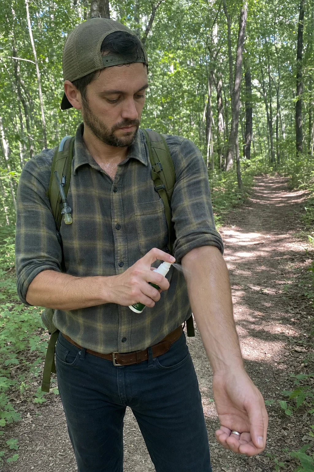 Hiker mid-trail reapplying BITEBACK from the bottle