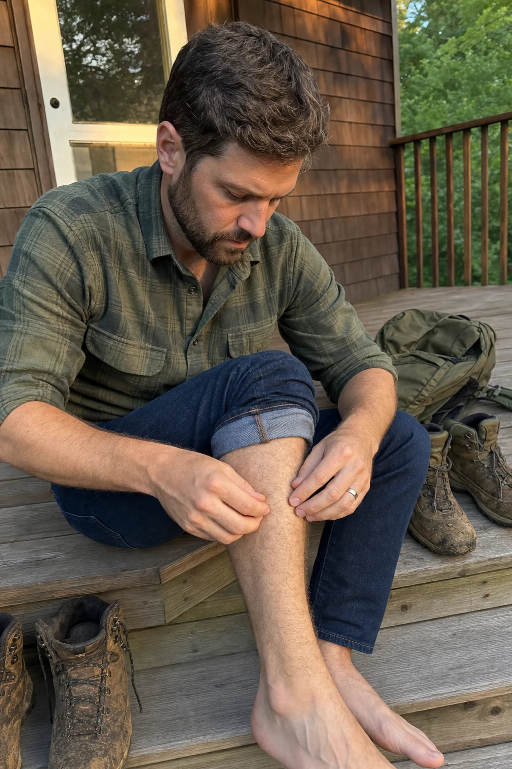 End-of-day tick check on a Labrador on a porch